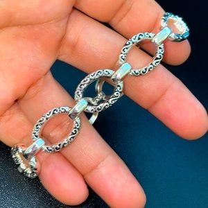 Pretty Silvertone and Black Oval Magnet Clasp Statement Bracelet